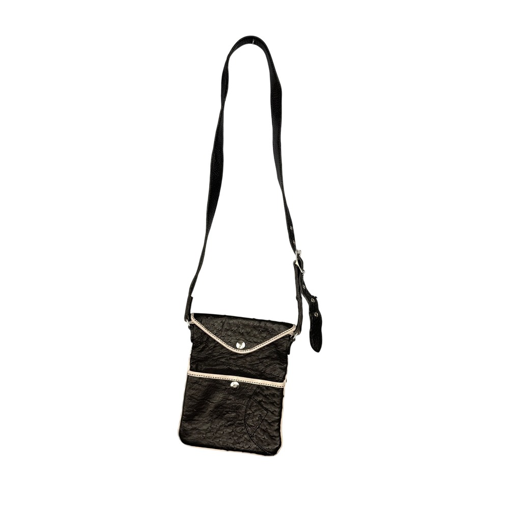 Leather Crossbody Bag Ostrich Leather Accents White Trim Adjustable Strap Indie